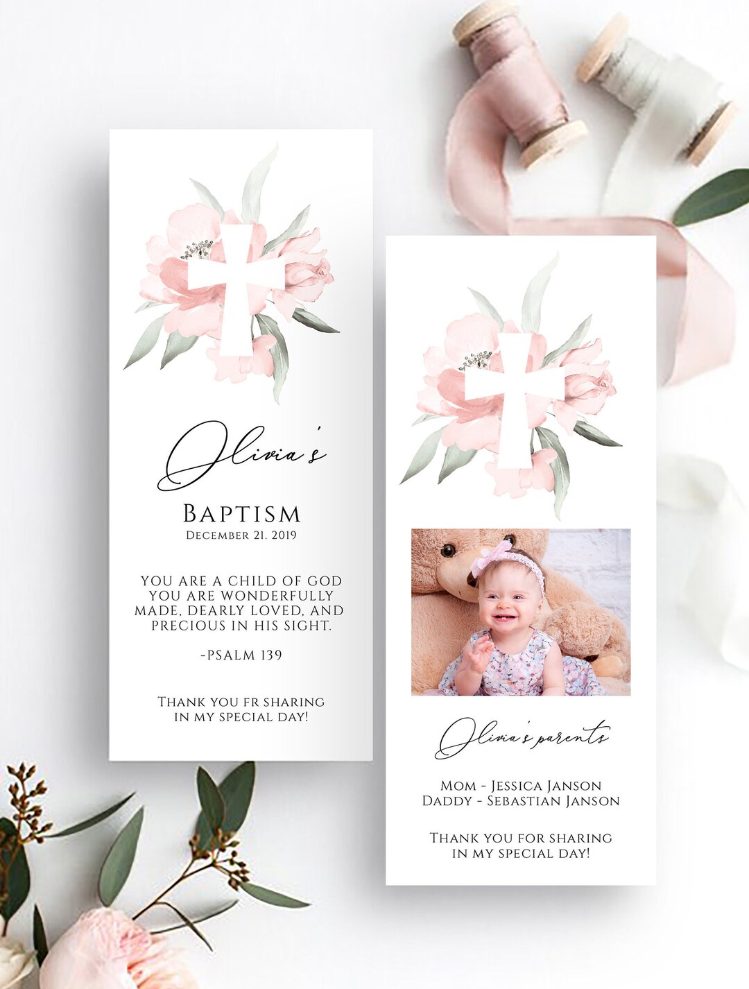 Baptism Bookmark Template, Baptism Favor, First Communion Favor, Floral Personalized Baptism