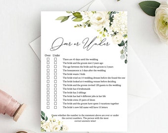 Over or Under Games, White simple Bridal Shower game printable, Over Customize Questions, INSTANT DOWNLOAD, Printable Wedding Shower Game