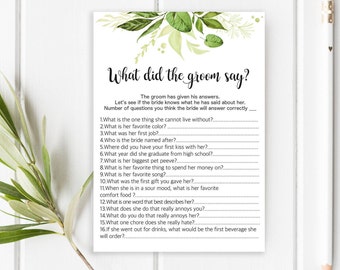 What did the Groom Say, What did he say about her Wedding advice card, Wedding Shower, Wedding printable games, Instant download PDF JPEG