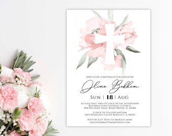 Christening Invitation template, Baptism invit for a girl, Christening Invitation, Printable Baptism Invitation, floral baptism invitation