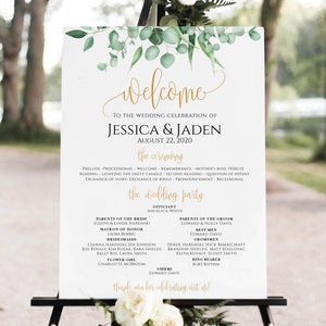 Ceremony Sign with Wedding Party, Greenery program sign, Gold Wedding Program Sign, Ceremony Sign, Wedding Party Sign, Gold Wedding Sign image 1