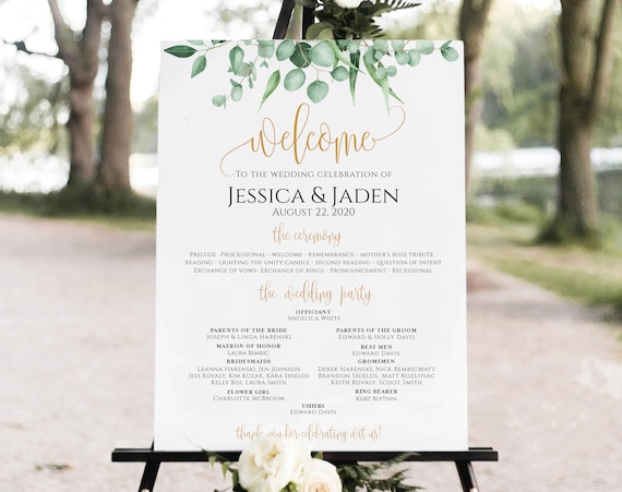 Ceremony Sign With Wedding Party Greenery Program Sign Gold Etsy