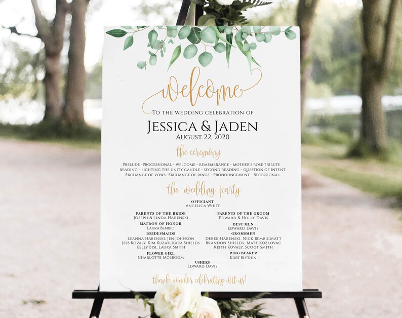 Ceremony Sign with Wedding Party, Greenery program sign, Gold Wedding Program Sign, Ceremony Sign, Wedding Party Sign, Gold Wedding Sign image 1