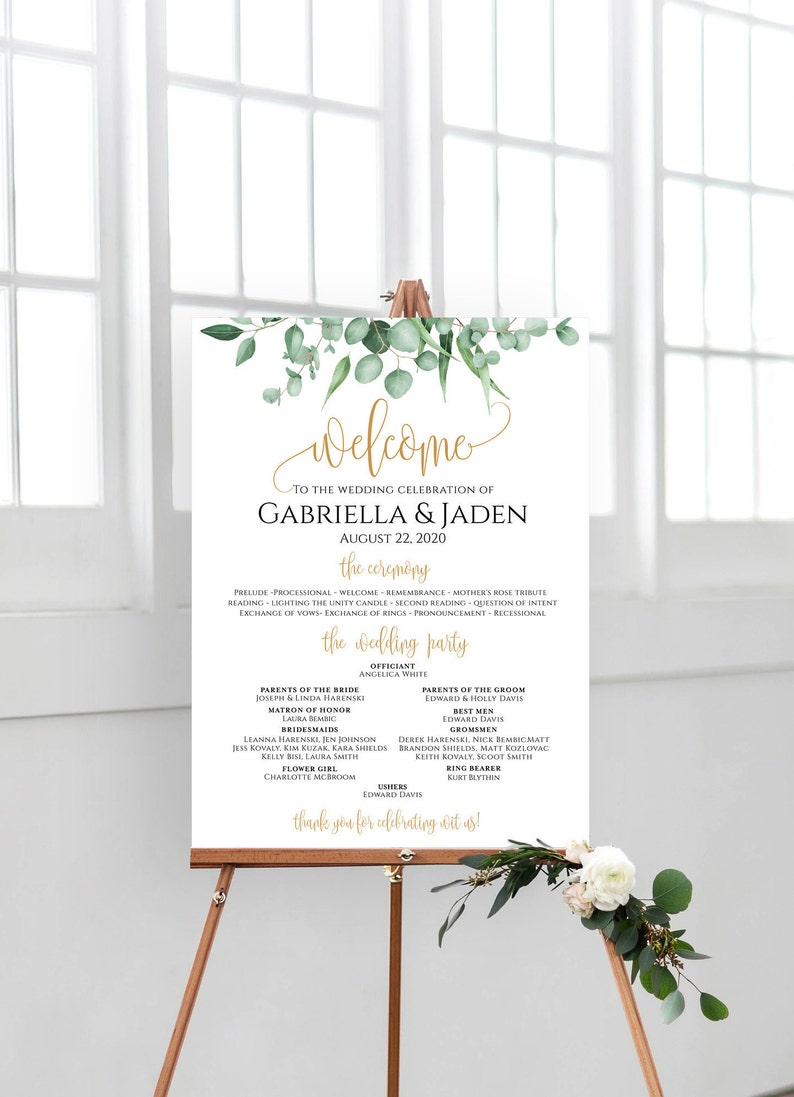 Ceremony Sign with Wedding Party, Greenery program sign, Gold Wedding Program Sign, Ceremony Sign, Wedding Party Sign, Gold Wedding Sign image 8