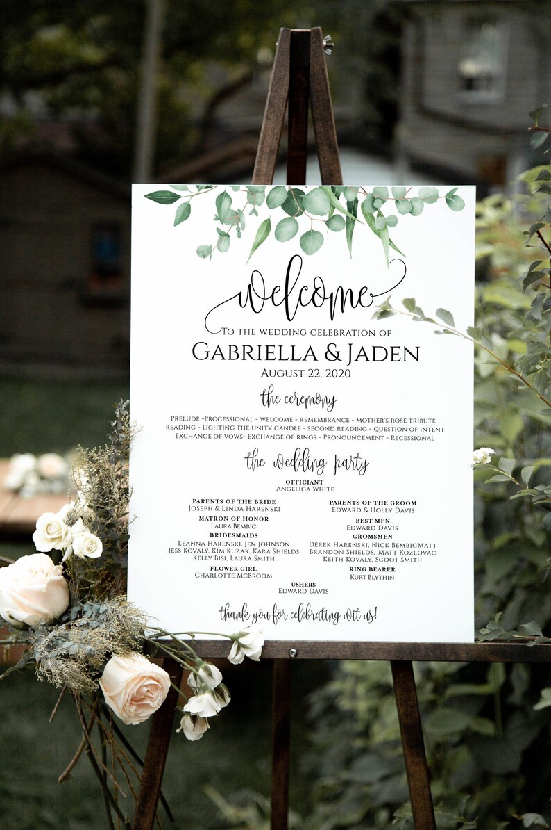 Ceremony Sign with Wedding Party, Greenery program sign, Gold Wedding Program Sign, Ceremony Sign, Wedding Party Sign, Gold Wedding Sign image 3