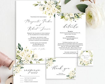 White Wedding invitation template, Instant download, Invite kits, Invitation Suite, Wedding Invite Templet, Floral WEDDING Set, G6