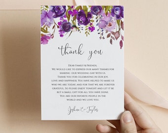 Purple Thank You Letter Template, Wedding Reception Thank You Note, Printable In Lieu of Favor 100% Editable Text, INSTANT DOWNLOAD, #PURPLE