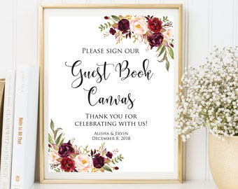 Marsala Guest book Canvas template, Guest book Wedding Signs, Guest Canvas template, Wedding Sign Instant Download,DIY Sign Printable, SG4