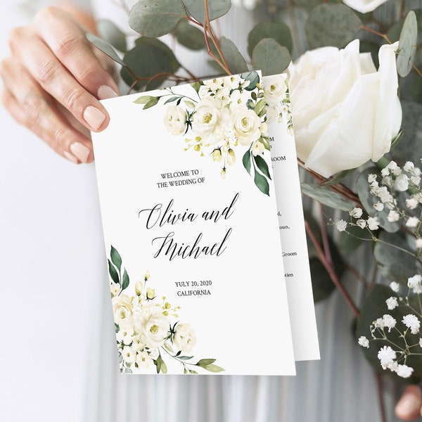 White Program Template, Ceremony program, Printable Wedding Program, Floral Wedding, White rose Wedding Ceremony Program, Program Fold