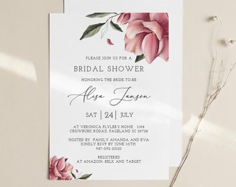 Bridal Shower magnolia Invitation Template, Burgundy Bridal Shower, Boho Bridal Shower Invitation Template, Printable Bridal Shower #MAGNO