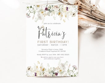 Baby's 1st Birthday invitation, WILDFLOWER Birthday Invitation, First Birthday invite, Printable Birthday   #SOFIA