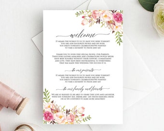 Floral Welcome Letter, Printable Welcome Cards, Welcome Card Template, Wedding Thank You Card, Marsala thank you cards, SW102