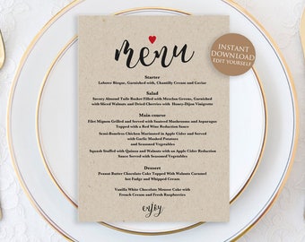 Menu Printable Template, Wedding Menu Card, Wedding Menu Template, Menu Template, Editable Menu Template, Menu Printable Wedding, 5x7 menu