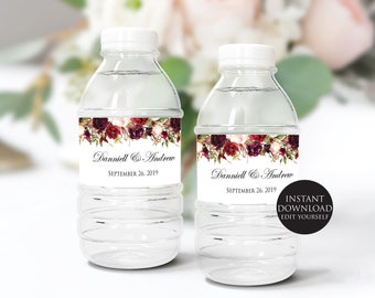 Wedding Water Bottle Label, Marsala Bottle labels, Water Bottle Labels Wedding, Water Bottles Personalized, PDF Instant Download,