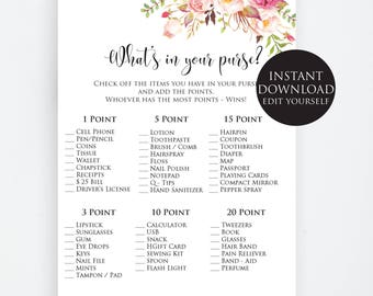 What's in Your Purse Game, Bridal Shower Purse Game,Garden Whats in Your Purse, Rustic game,Theme Printable Party Game, Instant download PDF