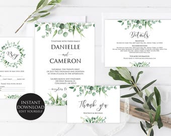 Greenery wedding invitation, Printable Floral Greenery Wedding Invitation Template, Rustic Greenery Wedding Invitation, Instant Download