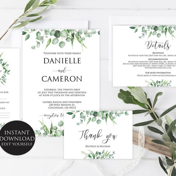 Greenery wedding invitation, Printable Floral Greenery Wedding Invitation Template, Rustic Greenery Wedding Invitation, Instant Download