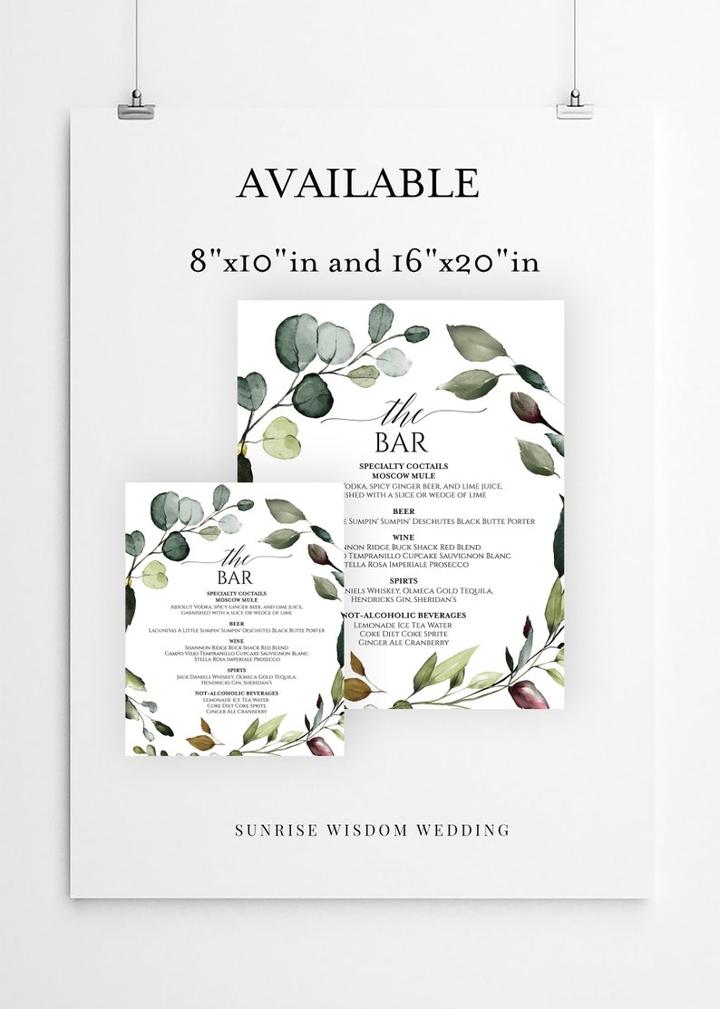 Green Bar Menu Cards Template Bar Menu Template Wedding Bar | Etsy