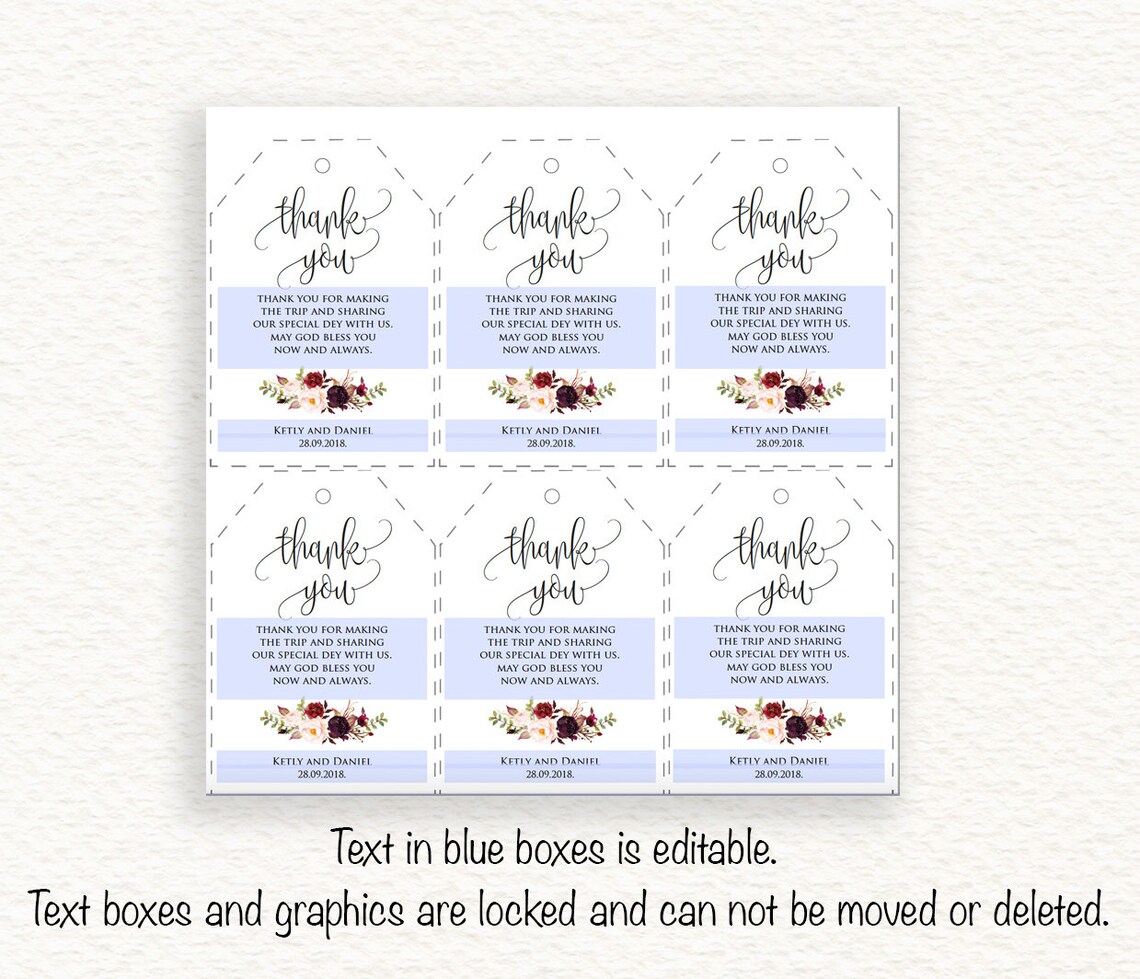 Wedding Favor Tags Printable Marsala Favor Tag Thank You - Etsy