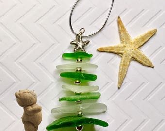 Green / White Sea Glass Christmas Tree Ornament