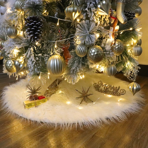 Woolous Mongolian Faux Fur Christmas Tree Skirt - Luxurious Holiday Mat for Tree Base - Round Cover for New Year Celebrations - 36 inch