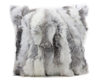 18 in x 18 in Natural Handcrafted Rabbit Fur Pillow with Polyfil Insert and Zipper Closure White