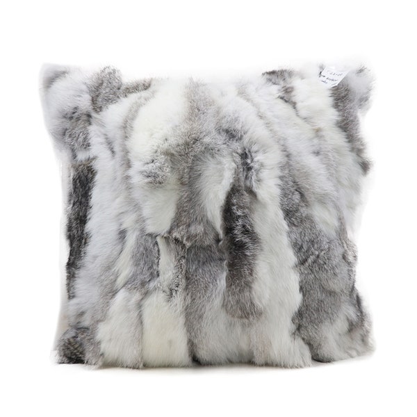 Oreiller en fourrure de lapin véritable pour une décoration naturelle de la maison - Ultra doux et confortable - Coussin en fourrure véritable, housse amovible 40 x 40 cm