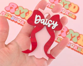 Personalized Pink & Red Bow Stanley Tumbler Topper: Acrylic Name Plate