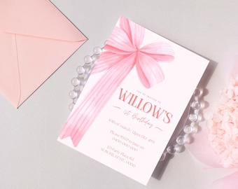 Pink Bow Birthday Invitation Template: Girl's Party, Editable in Canva (Digital Download)