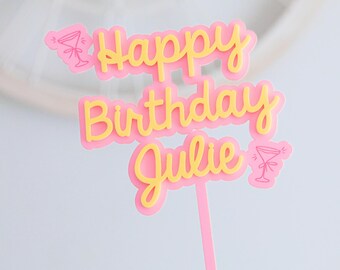 Cocktail Birthday Cake Topper | Custom | Personalised Name | Unique Cake Decoration | Retro | Acrylic | 3D | Party