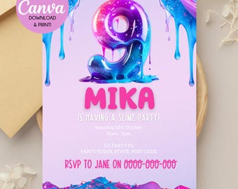 May include: A party invitation with a purple and pink color scheme. The invitation features the name "MIKA" in pink, along with the text "IS HAVING A SLIME PARTY!" and event details. A large, colorful number 9 is the focal point, with dripping slime accents.