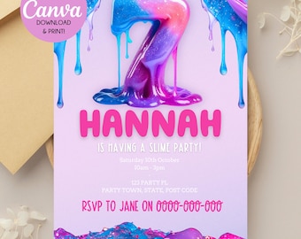 May include: A party invitation with a purple background and a large, colorful number seven made of dripping slime. The name "HANNAH" is in pink, with the text "IS HAVING A SLIME PARTY!" and party details below. The invitation says "EDIT FREE WITH Canva DOWNLOAD & PRINT!"