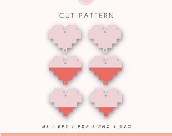 Puede incluir: Seis patrones de corte en forma de corazón pixelados en rosa y coral. La imagen incluye el texto "CUT PATTERN" y opciones de tipo de archivo. La parte inferior de la imagen dice "BUY 3 OR MORE & SAVE!"