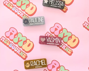 Personalised Glitter Name Badge, Custom Acrylic Pin, Nurse, Teacher, Midwife