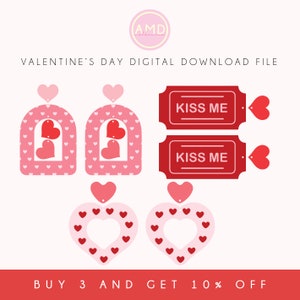 May include: A digital download file for Valentine's Day, showcasing pink and red heart designs. The image includes two arch-shaped designs with heart cutouts, two heart-shaped designs with heart borders, and two "Kiss Me" ticket designs. Text reads "Valentine's Day Digital Download File".
