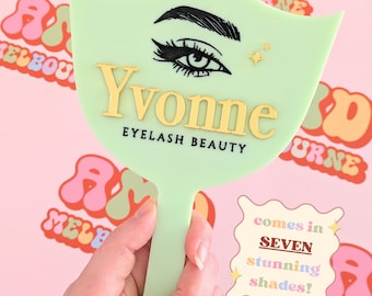 Miroir de poche personnalisé avec logo d'entreprise, détails dorés, visière de protection pour technicienne en extensions de cils et sourcils