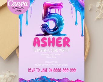 May include: A party invitation with a purple background features a large, glossy number 5 in blue and pink, with the name "ASHER" in pink. The text "IS HAVING A SLIME PARTY!" is also included, along with party details and RSVP information.