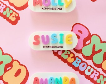 Personalised Rainbow Letters Bubble Font Name Badges Nursing Badge Teacher Badge Reel Work Tag Handmade Gift Ideas Custom Made To Order
