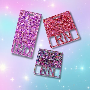 Badge Buddy Name Tag ID Holder Nurse Midwife Teacher Chunky Glitter Fun Quirky Rose Gold Pink Hand Made Personalised Warehouse Professional