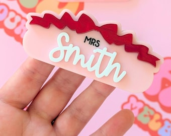 Personalized Acrylic Name Badge: Chic Bow, Custom Teacher Nurse Gift