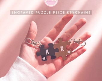 Couple Keychain Puzzle Pieces Engraved Initial Valentines Day Gift Ideas for Him Gifts for Her Love Day Decal Handmade Unique Best Seller