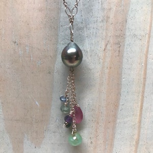 Teardrop Tahitian Pearl Beaded Gemstone Necklace // Sterling Silver Chain // Bohemian Necklace