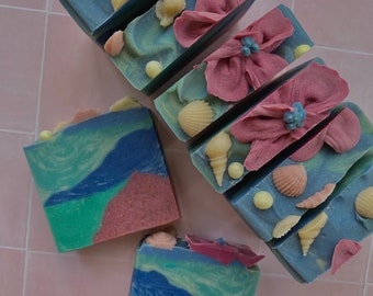 Pink Sands | Vegan Coconut Milk Soap with Shea Butter | Unique Artisan Soap Bar | Yankee Type Hand Piped Flowers, Soap Pearls & Sea Shells