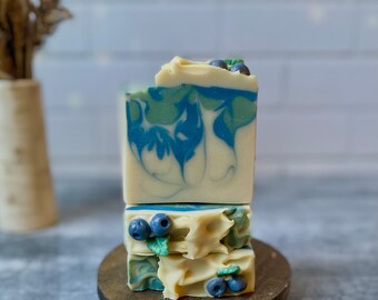 Blueberry Thyme | Vegan Coconut Milk Soap with Shea Butter | Unique Artisan Soap Bar | Soap Dough Blueberries & Hand Piped Leaves