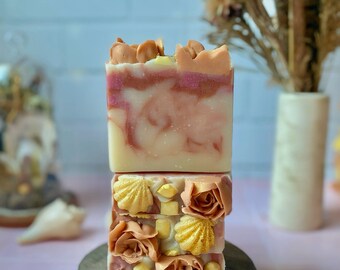 Sunkissed | Vegan Coconut Milk Soap with Shea Butter | Unique Artisan Soap Bar | Sea Shells, Piped Roses, Gems