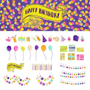 Clipart digital de fiesta. Clip art de cumpleaños. Clipart de aniversario. Acuarela, kawaii, globo, regalo, pastel, gráficos vectoriales. Uso comercial.
