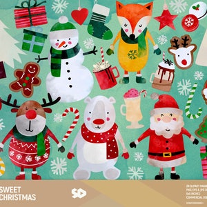 Clipart Noël, clipart vacances, clipart Noël bonbons, dessin aquarelle, bonbons à imprimer, père Noël, ours, renard, bonhomme de neige, usage commercial