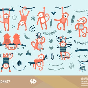 Apen clipart, aap illustraties, party kids clipart, babyshower gelijkspel, tropische bladeren vector afdrukbaar, illustratie. Commercieel gebruik.
