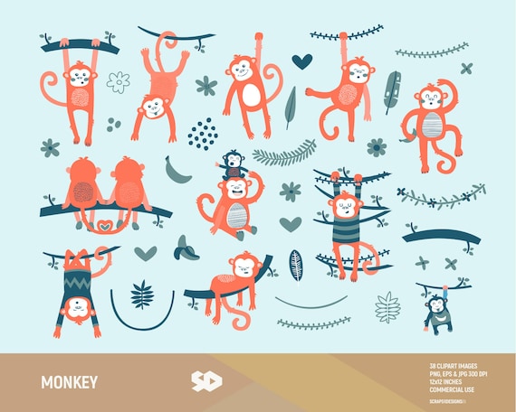 Monkeys clipart, monkey clip art, party kids clipart, baby shower draw, tropical leaves vector printable, illustration. Commercial use.