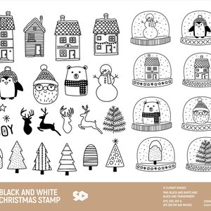 Pacchetto clipart di Natale in bianco e nero, clip art di Babbo Natale, timbro digitale dell'albero di Natale, illustrazione della casa. Png Jpeg SVG DXF EPS. Commerciale
